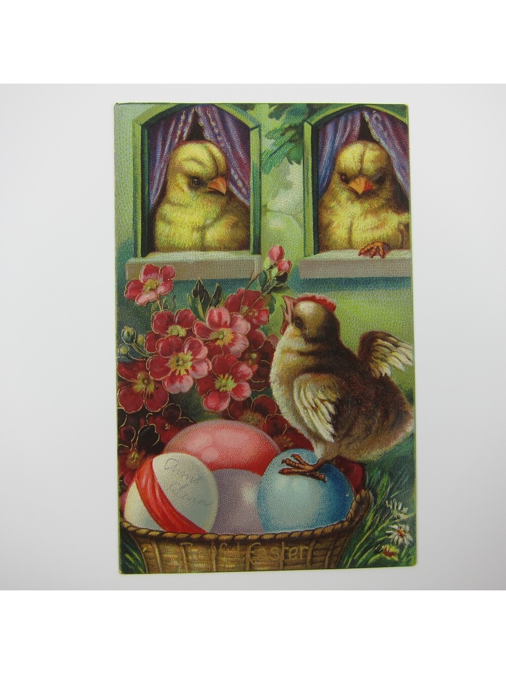 Easter Postcard Yellow Chicks Colored Easter Eggs Flowers Gold Embossed Antique